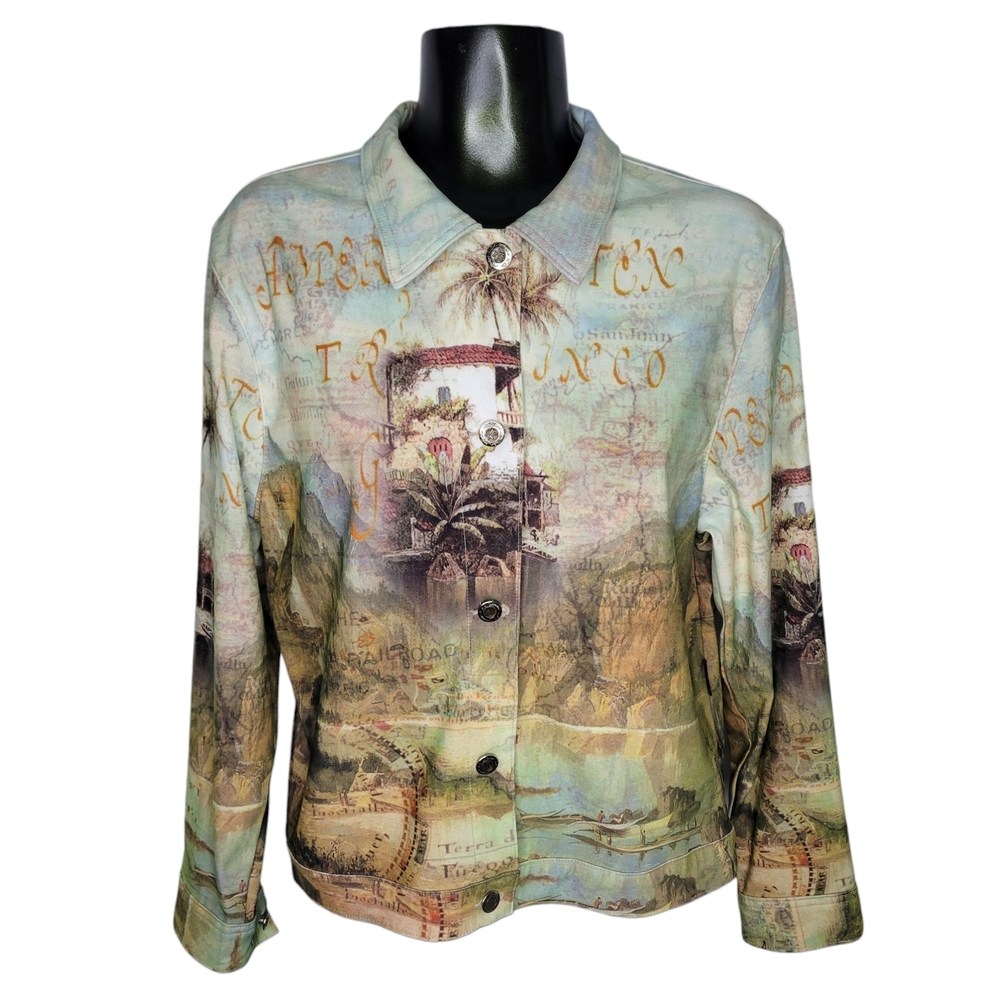 Vintage 90s Multicolor Tropical Island Map Graphic Art Print Jacket Size Medium